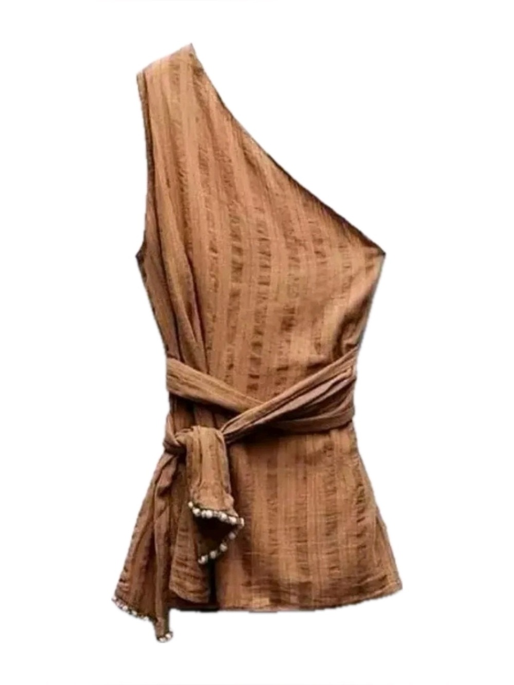 Zara One Shoulder Beaded Wrap Top in Mocha